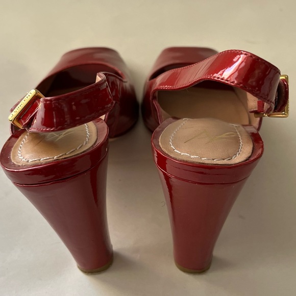 J Vincent Patent Leather Open Toe Slingback Cherry Red High Heel Sandals - Picture 4 of 14
